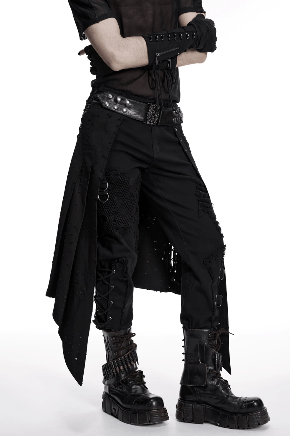 Men's gothic asymmetrical skirt with metal belt alternative fashion styling shot