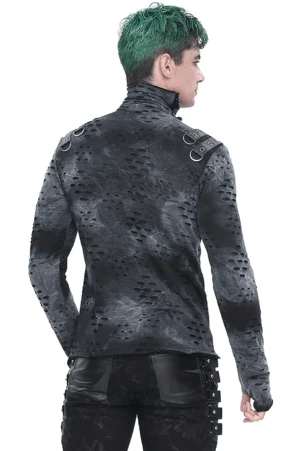 Men's gothic asymmetrical turtleneck back view, shoulder buckle hardware, perforated tie-dye fabric, industrial details