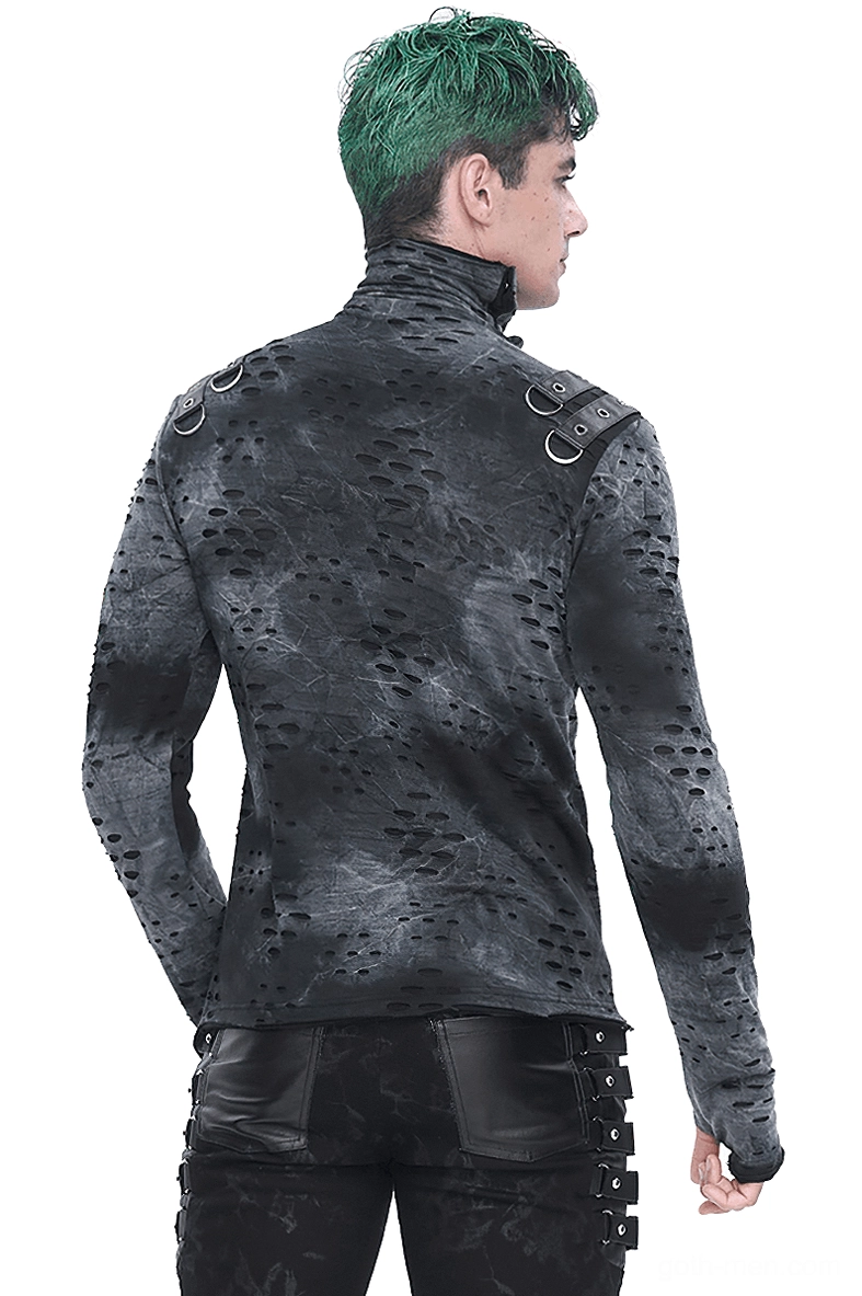Men's gothic asymmetrical turtleneck back view, shoulder buckle hardware, perforated tie-dye fabric, industrial details
