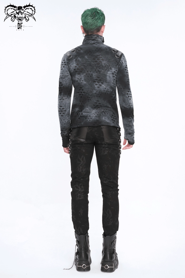 Men's gothic asymmetrical turtleneck industrial design, dark tie-dye perforated fabric, modern goth aesthetic