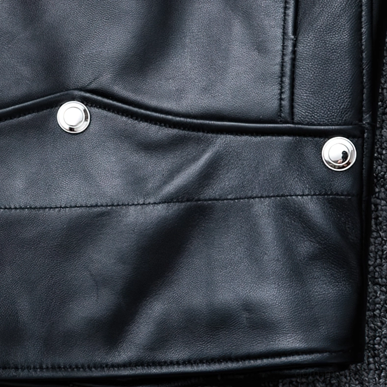 Black genuine leather men's biker jacket with asymmetrical zipper displaying complete gothic aesthetic