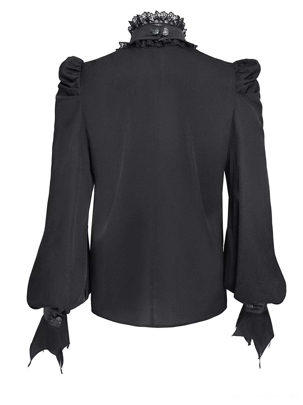 Black gothic bat wing blouse rear flat lay, showing ruffled back collar, theatrical puff sleeves, and ornamental bat wing cuff design elements