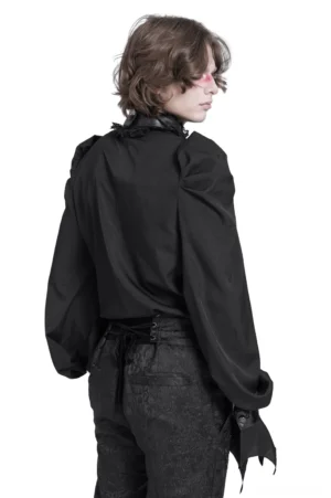 Gothic bat wing blouse back view, featuring puffed shoulders, ruffled back collar detail, and pointed bat-wing cuff accents on androgynous male model