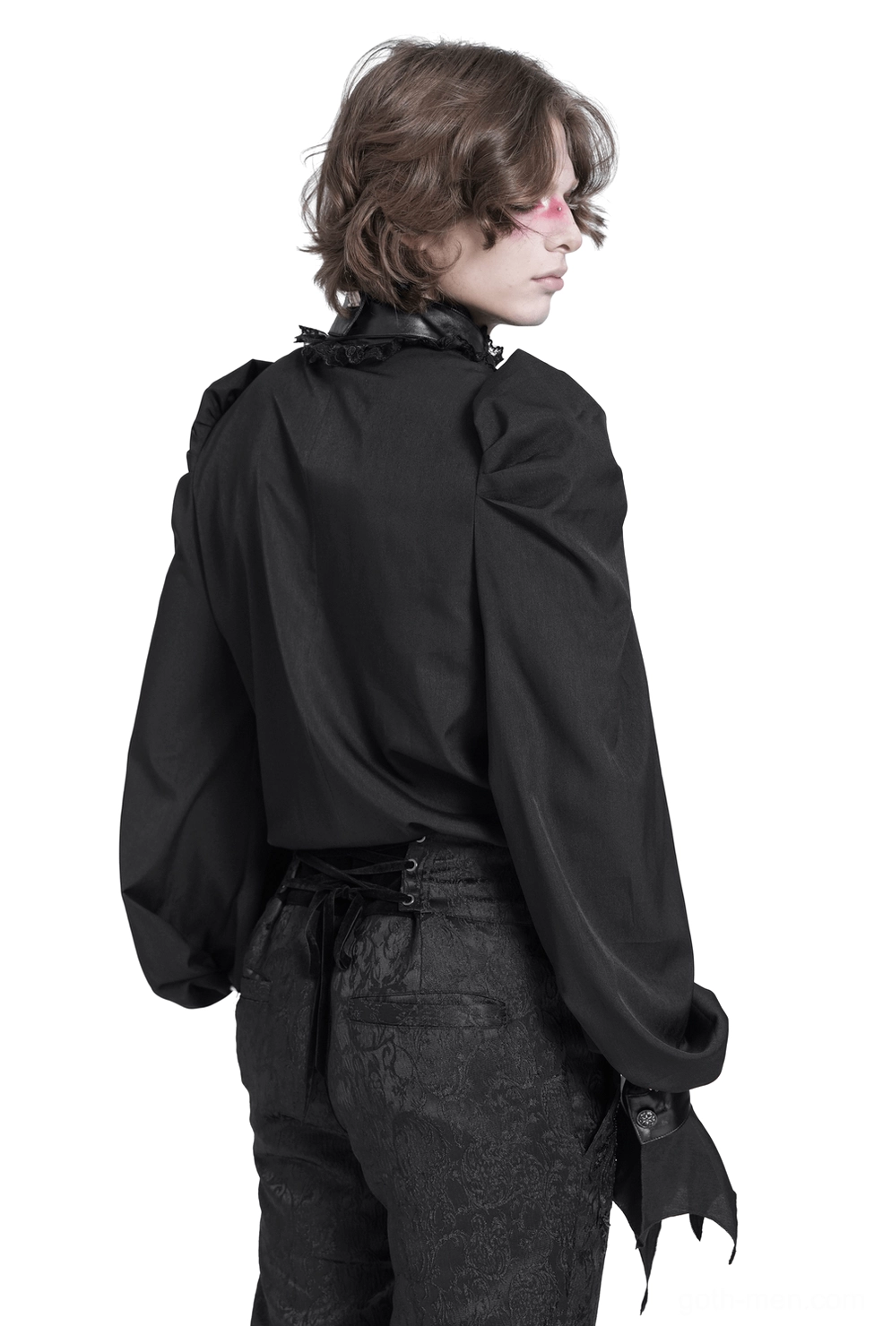 Gothic bat wing blouse back view, featuring puffed shoulders, ruffled back collar detail, and pointed bat-wing cuff accents on androgynous male model