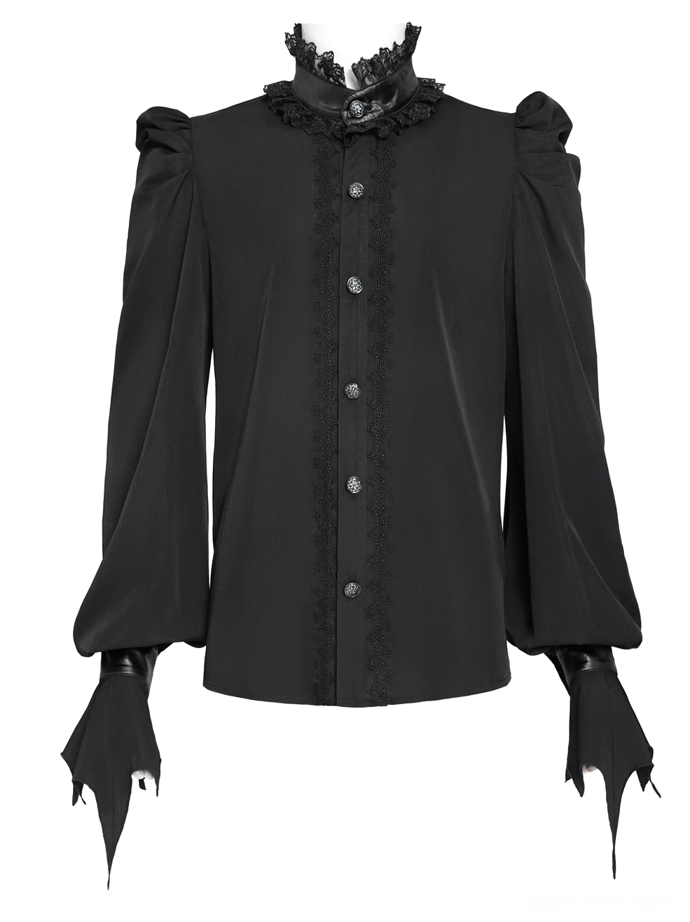 Gothic bat wing blouse front flat lay showing detailed lace choker collar, front button trim, ornate chest decoration, and fabric texture detail