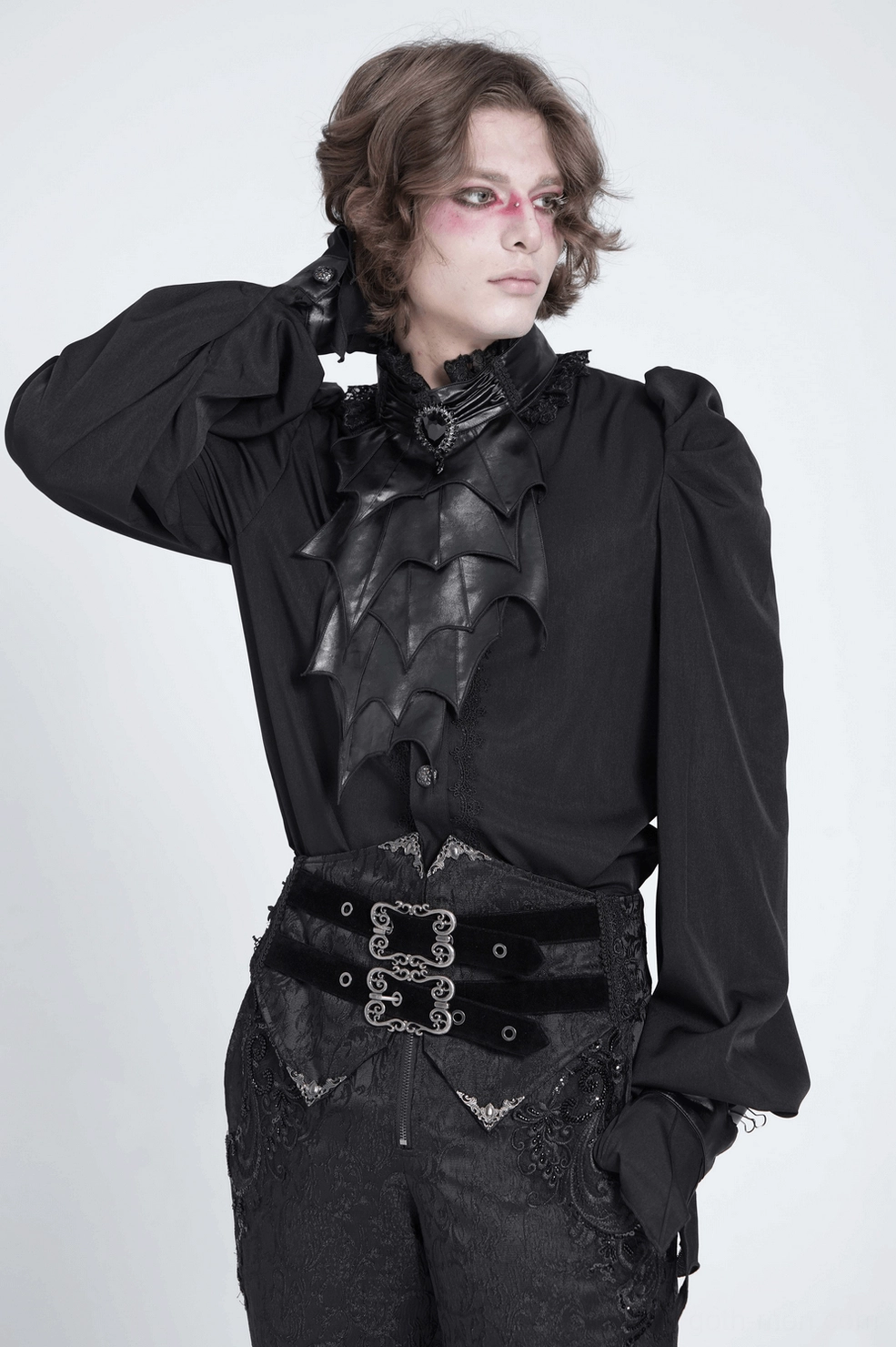 Men's gothic bat wing blouse styled on androgynous model, featuring all key design elements including lace collar, bat appliqué, and puffed shoulders