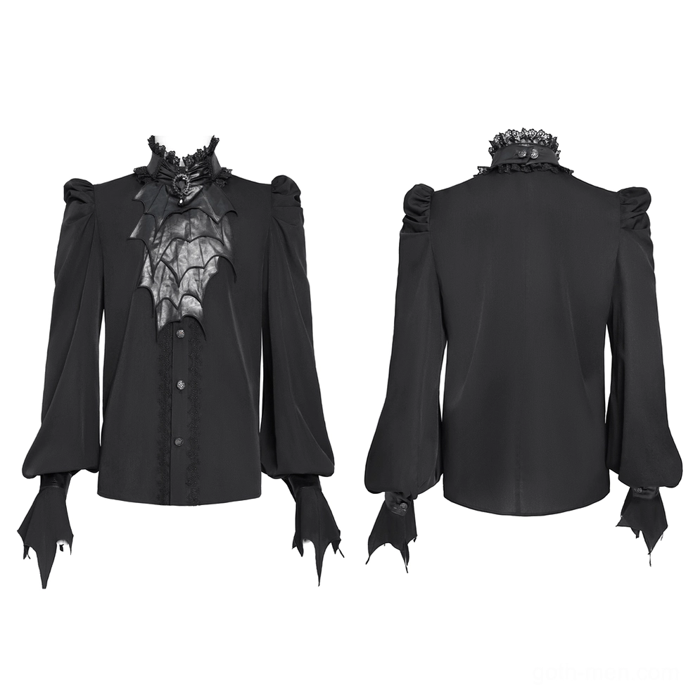 Black gothic bat wing blouse flat lay front view, displaying button placket, ornate lace collar, central bat appliqué, and theatrical lantern sleeves