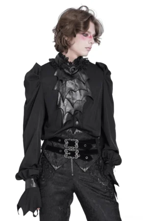 Men's gothic bat wing blouse with lace choker collar, front three-quarter view showing dramatic sculptured bat chest appliqué and ornate lace standing collar