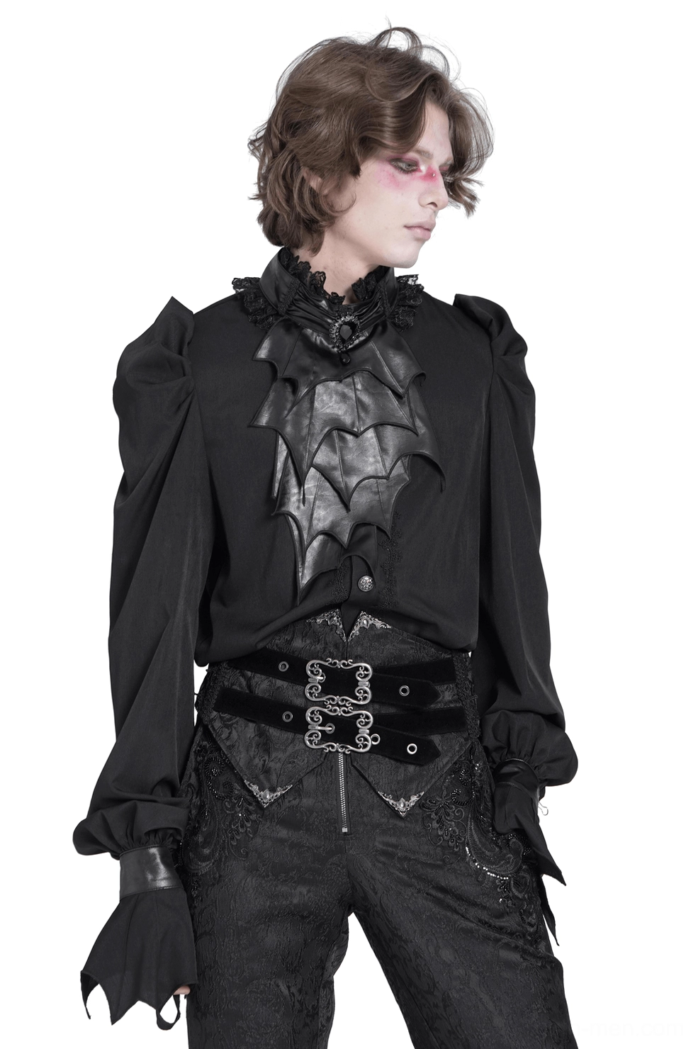 Men's gothic bat wing blouse with lace choker collar, front three-quarter view showing dramatic sculptured bat chest appliqué and ornate lace standing collar