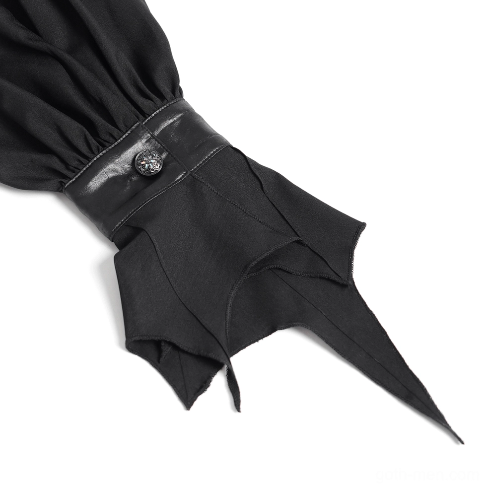 Gothic bat wing blouse architectural shoulder and ruched sleeve detail, demonstrating sculptured construction and Victorian-inspired silhouette design