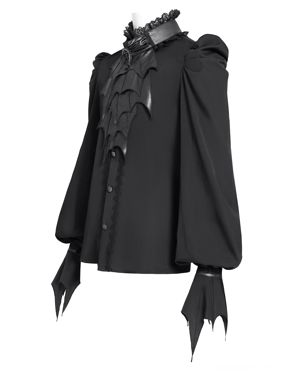 Gothic bat wing blouse side three-quarter flat lay view, highlighting puffed shoulders, button placket design, and dimensional bat chest appliqué