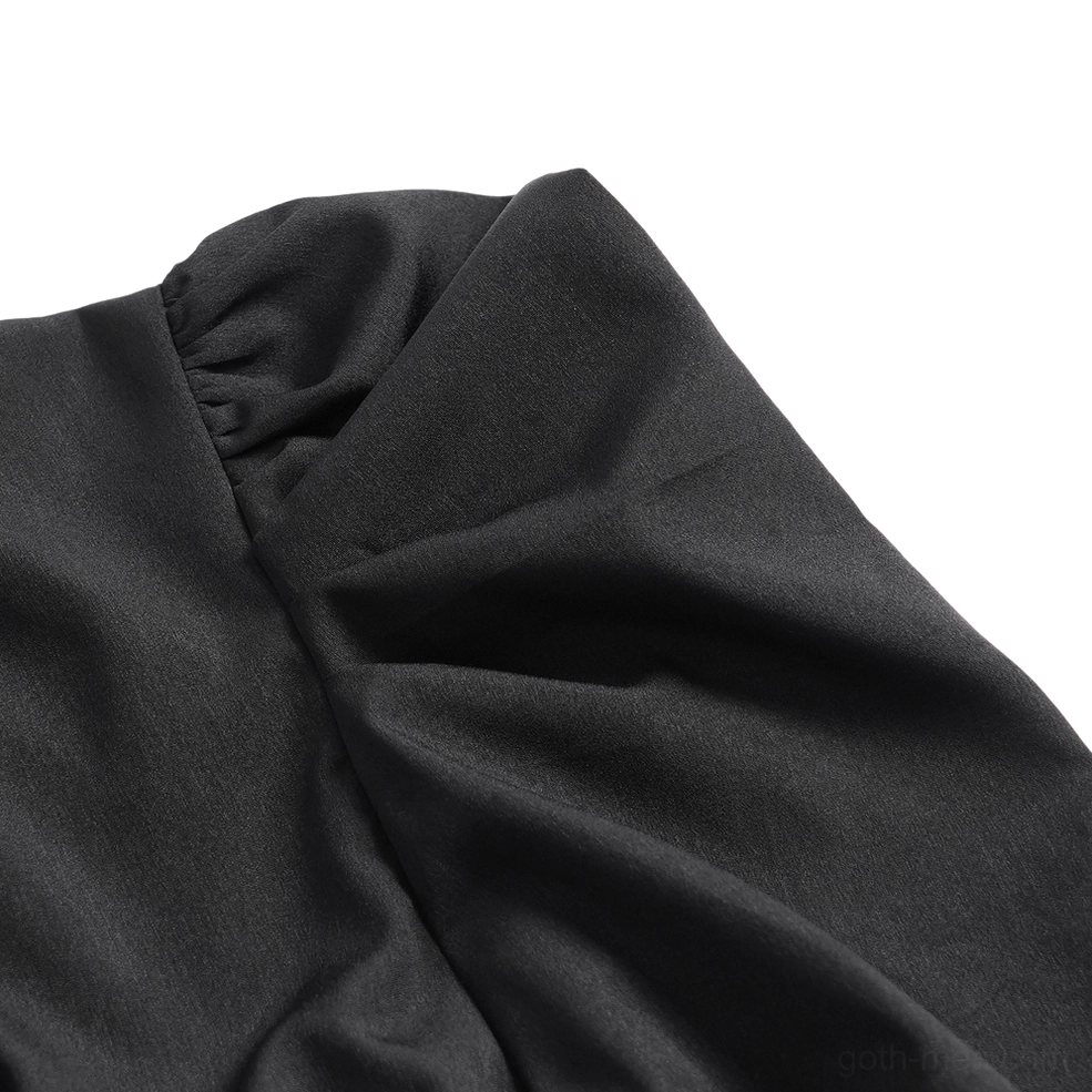 Gothic bat wing blouse full-length side view, emphasizing structural silhouette, sleeve ruching, and layered design elements in black polyester