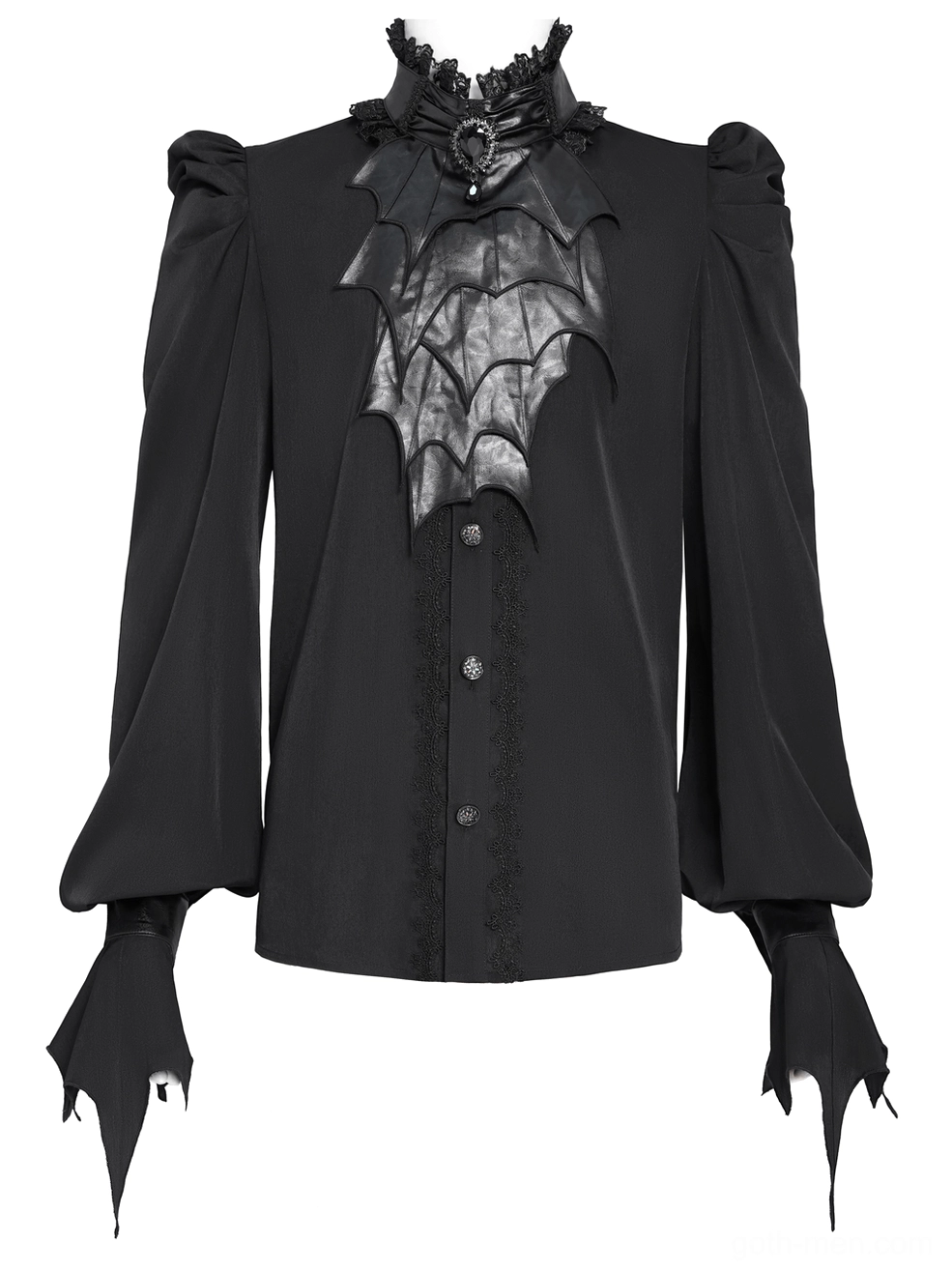 Gothic bat wing blouse flat lay detail shot, emphasizing dramatic lantern sleeves, bat cuff decorations, and sculptured faux leather accents