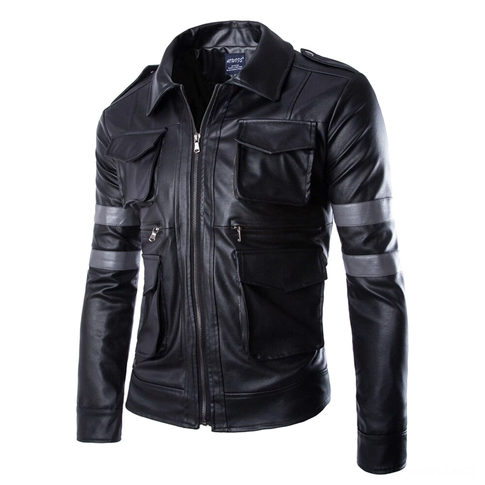 Black PU leather biker jacket flat lay front showing grey sleeve stripes and multiple cargo pockets