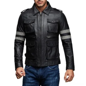 Men's black PU leather gothic biker jacket front view, featuring shoulder epaulets, grey sleeve stripes, and multiple cargo pockets