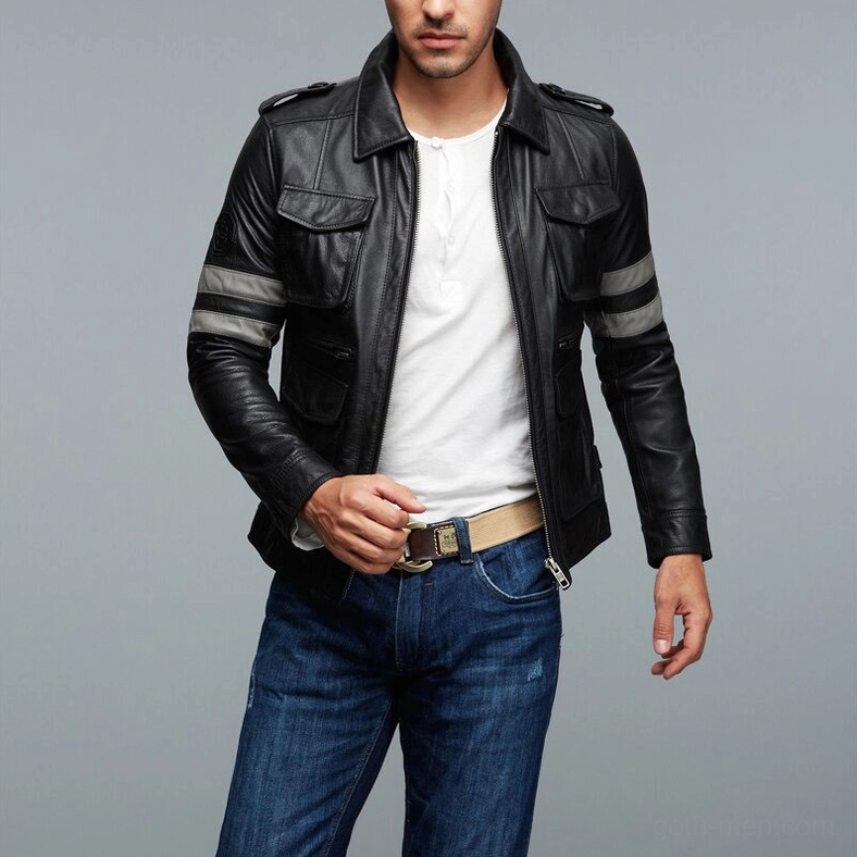 Male model wearing black gothic biker jacket front view, half-unzipped, showing grey sleeve stripes and cargo pockets