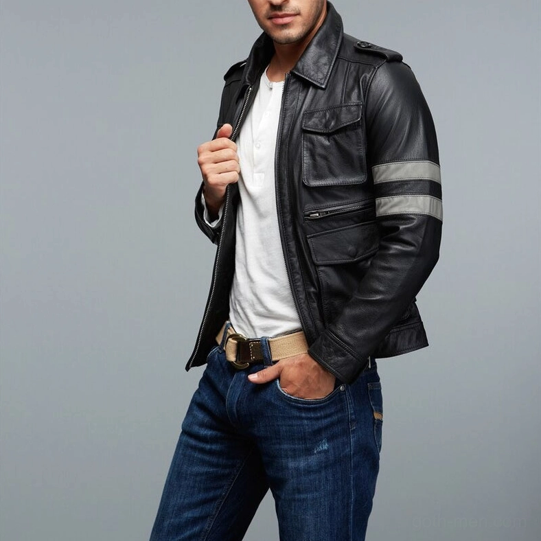 Side view of black leather gothic biker jacket on model, showing zipper cuffs and cargo pocket placement