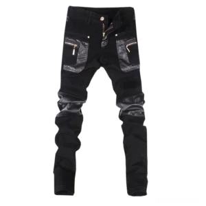 Men's gothic biker skinny pants front view - black faux leather and cotton blend with gold hardware and pleated knees