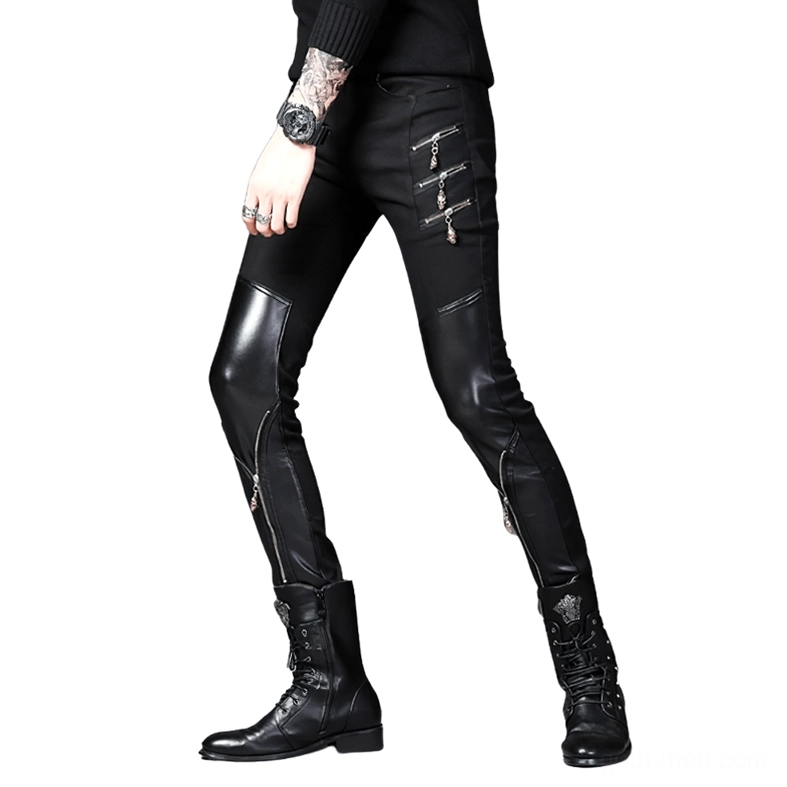 Side profile of black slim biker trousers - gothic male pants with multiple side zippers and faux leather thigh patches