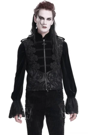 Men's gothic black brocade waistcoat with embroidered details front view on model