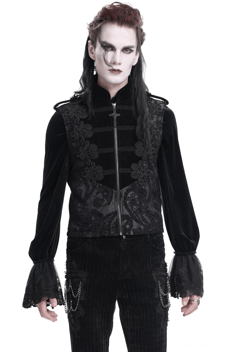 Men's gothic black brocade waistcoat with embroidered details front view on model