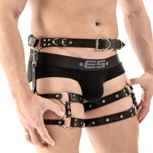 Black faux leather men's gothic waist harness with D-rings and metal buckles, front close-up detail view