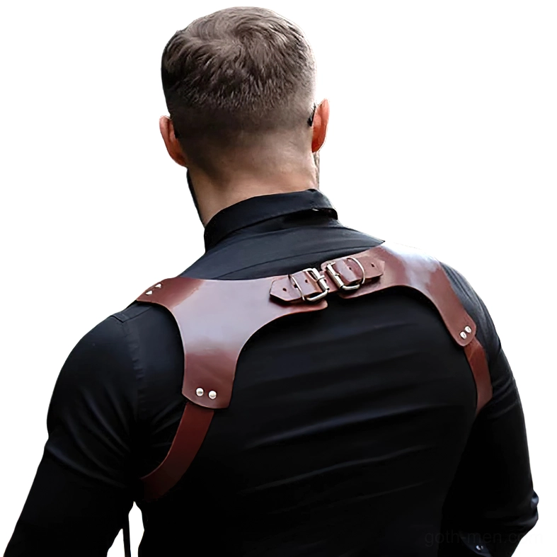 Men's gothic body harness - full back view with riveted leather adjustment straps and metal hardware