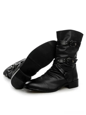 Black men's gothic boots rear angle showing rubber outsole and buckle strap details, mid-calf pointed toe design