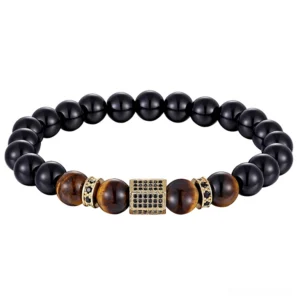 Men's gold cubic zirconia gothic beaded bracelet natural stone overhead view