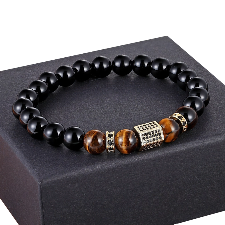 Men's gothic gold cubic zirconia bracelet displayed in premium dark gift box