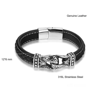 Close-up detail of 12.6mm stainless steel hardware and stitched genuine leather construction on gothic men's bracelet
