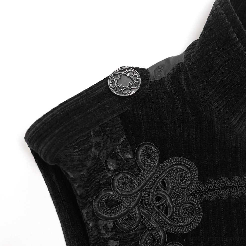 Men's gothic black brocade waistcoat embroidered appliqué and fabric texture detail