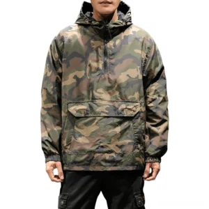 Men's black camo gothic half-zip pullover hoodie front view with adjustable drawstring hood and front patch pocket