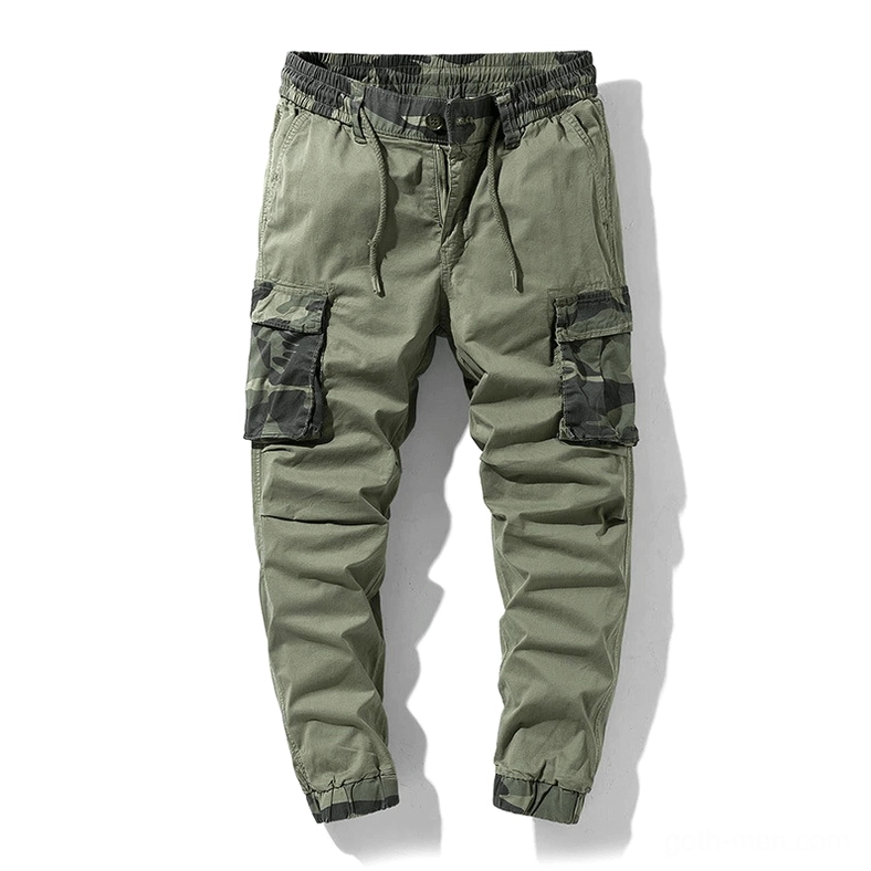 Men's gothic camouflage cargo joggers angle view showing pocket placement and fit