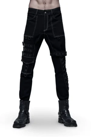 Men's gothic buckled cargo pants front full-body view showing contrast stitching and buckle straps