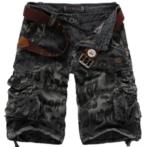 Dark grey camouflage military cargo shorts for men with multiple utility pockets and brown belt detail
