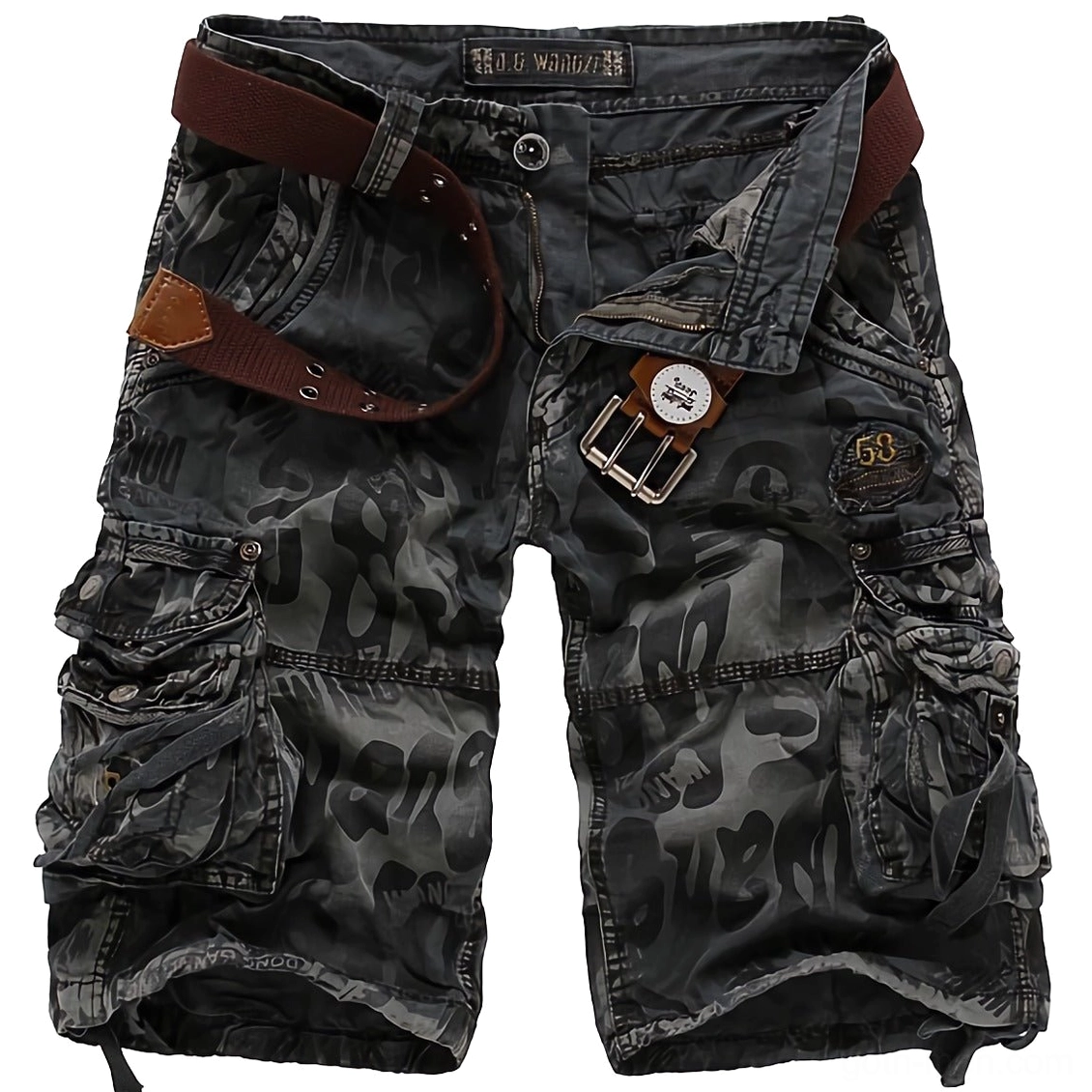 Dark grey camouflage military cargo shorts for men with multiple utility pockets and brown belt detail