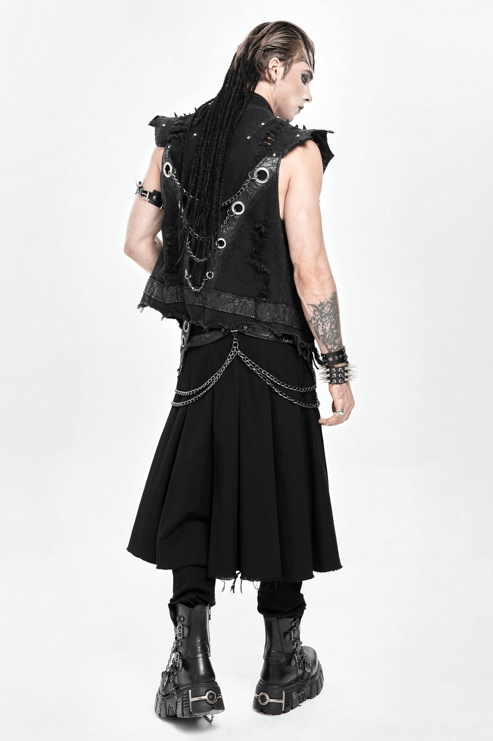 Black gothic kilt mens fashion chain decoration asymmetric split hem design