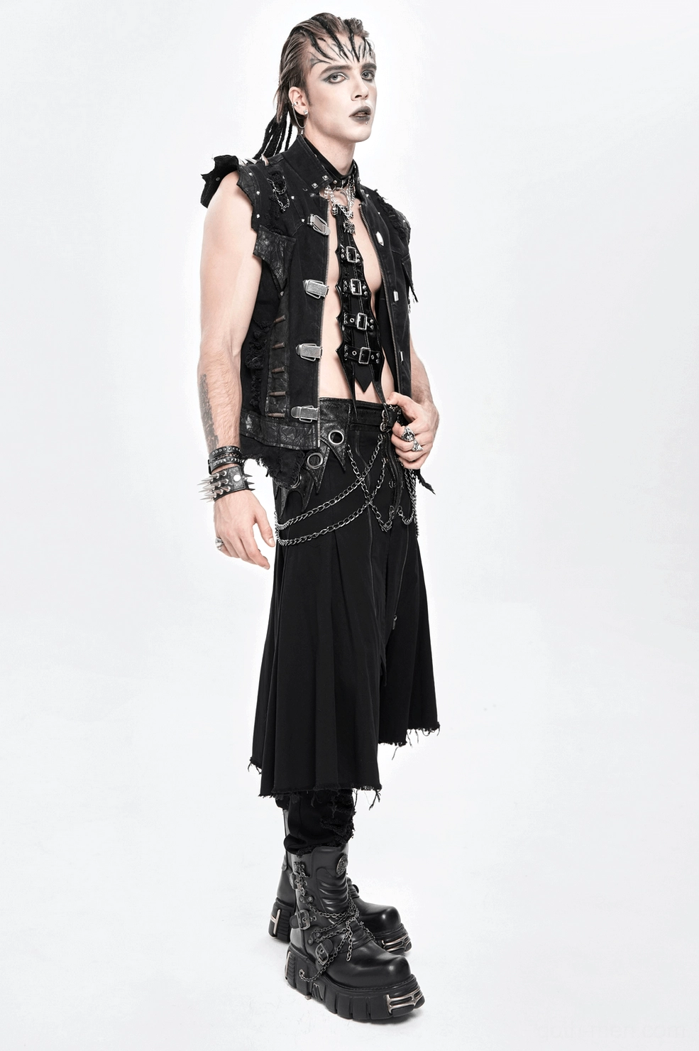 Gothic chain zipper black skirt mens layered panels frayed hem raw aesthetic