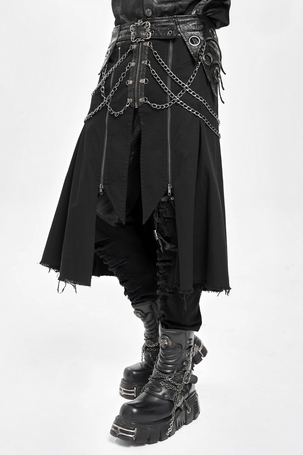 Men's gothic chain skirt black alternative kilt full length front presentation