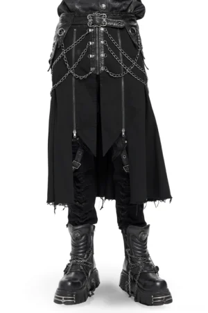 Men's gothic chain zipper skirt black layered panels front full body view worn with platform punk boots