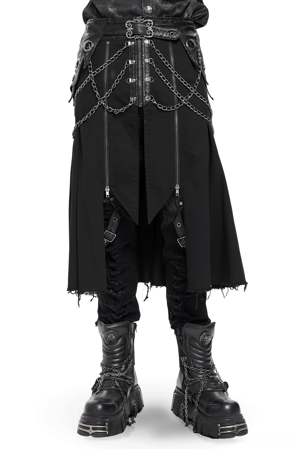 Men's gothic chain zipper skirt black layered panels front full body view worn with platform punk boots