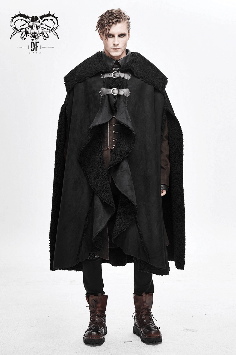 Men's gothic cloak front full-length view with buckle fasteners and ruffled placket, styled with combat boots