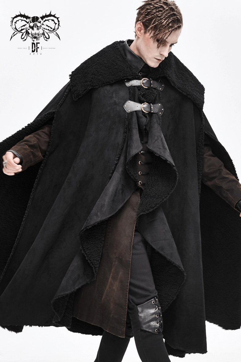Full view of men's gothic asymmetrical cloak showing overall silhouette and dramatic drape
