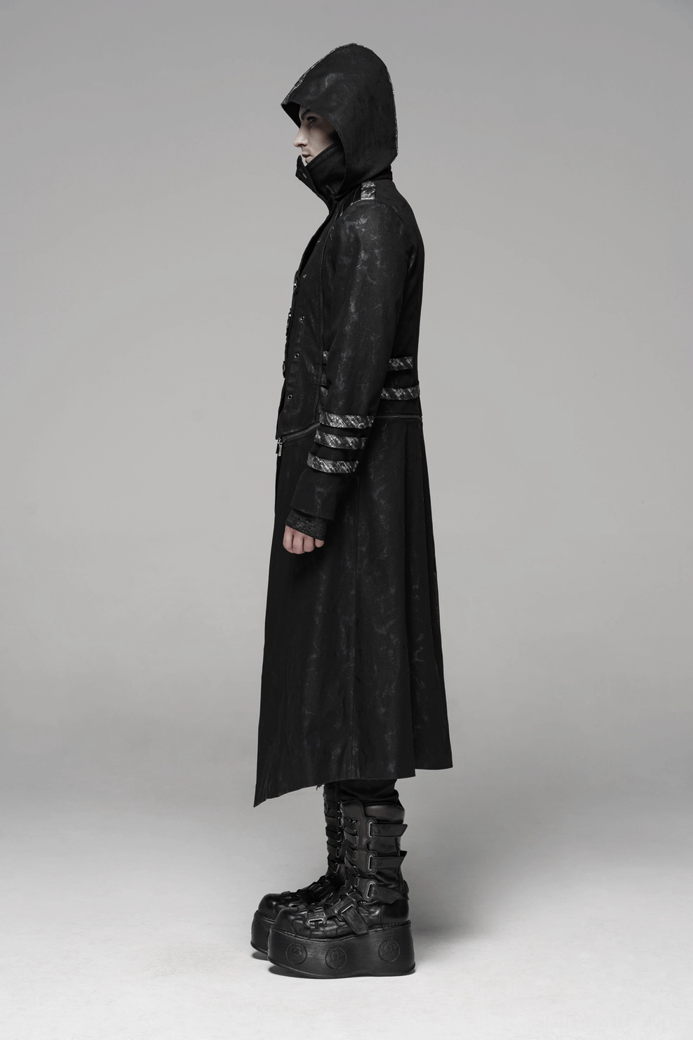 Men's gothic coat showing cotton spandex blend fabric and drape quality