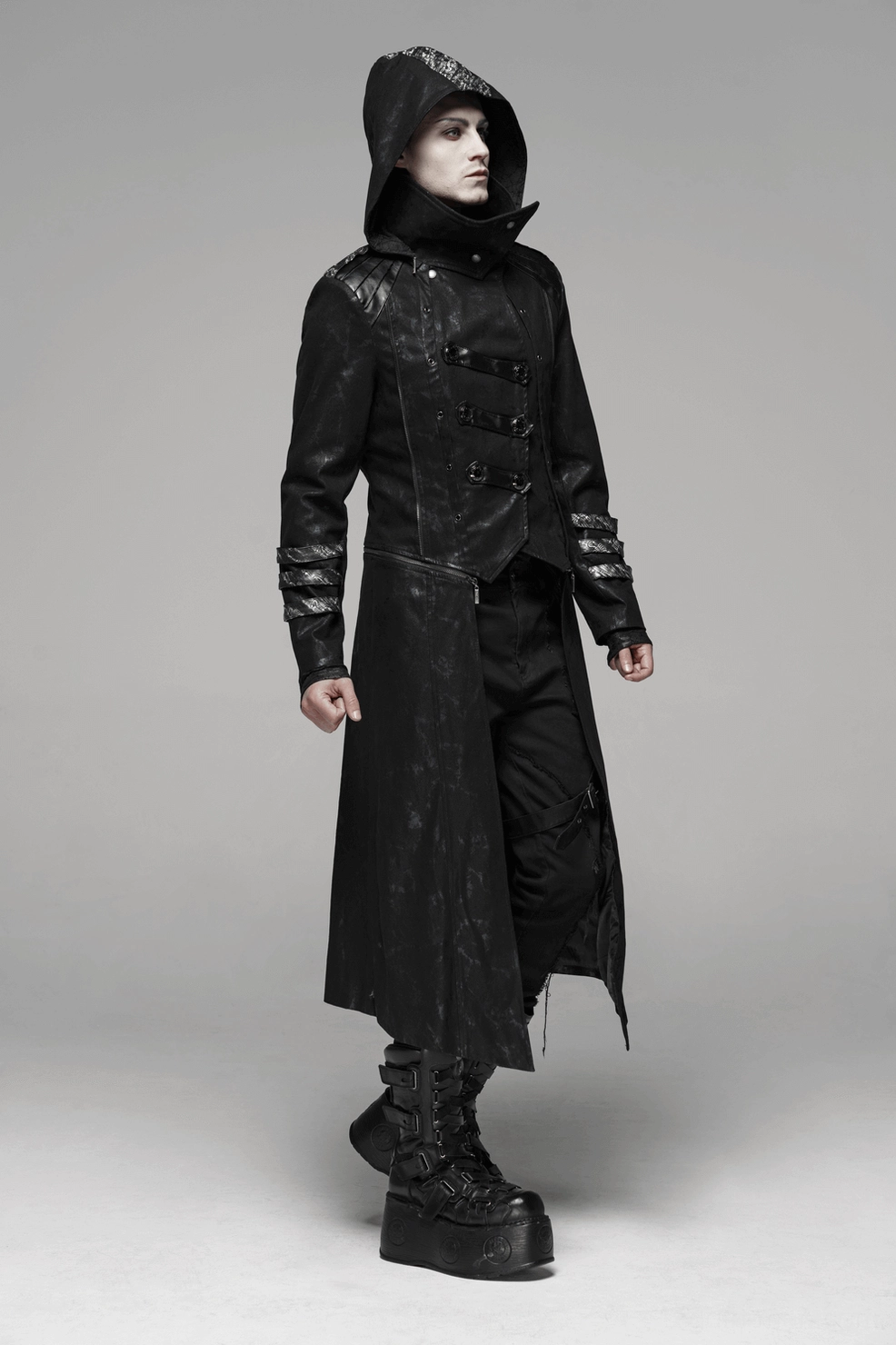 Men's gothic hooded coat showing front asymmetrical buckle closure and fitted design