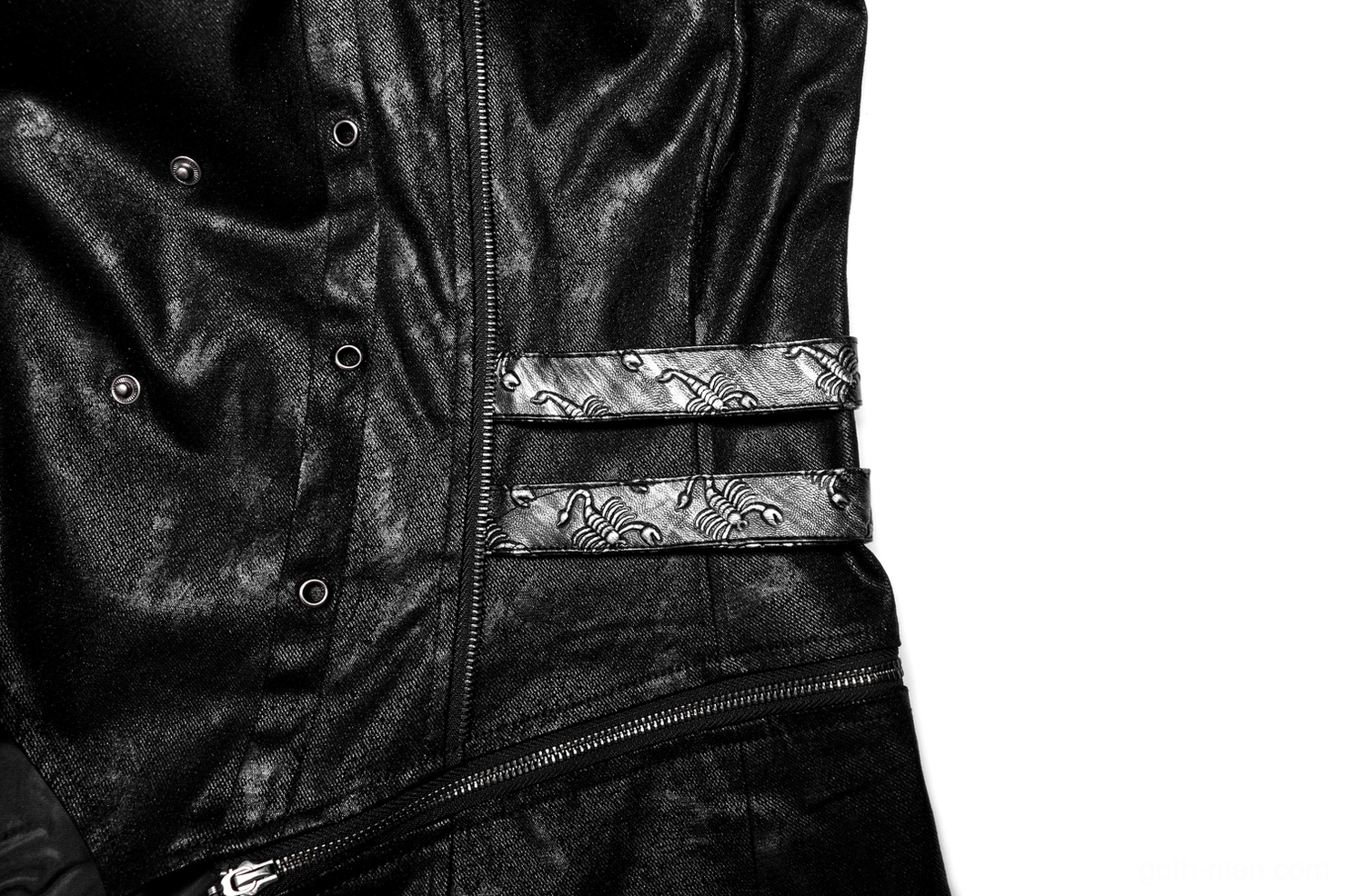 Men's gothic hooded coat hood detail showing structured frame and distressed finish