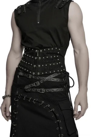 Men's black gothic corset belt front view with metal rivets and front zipper closure, worn by male model