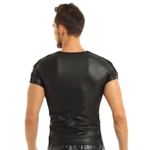 Rear view of black gothic faux leather t-shirt showing smooth back and slim fit silhouette
