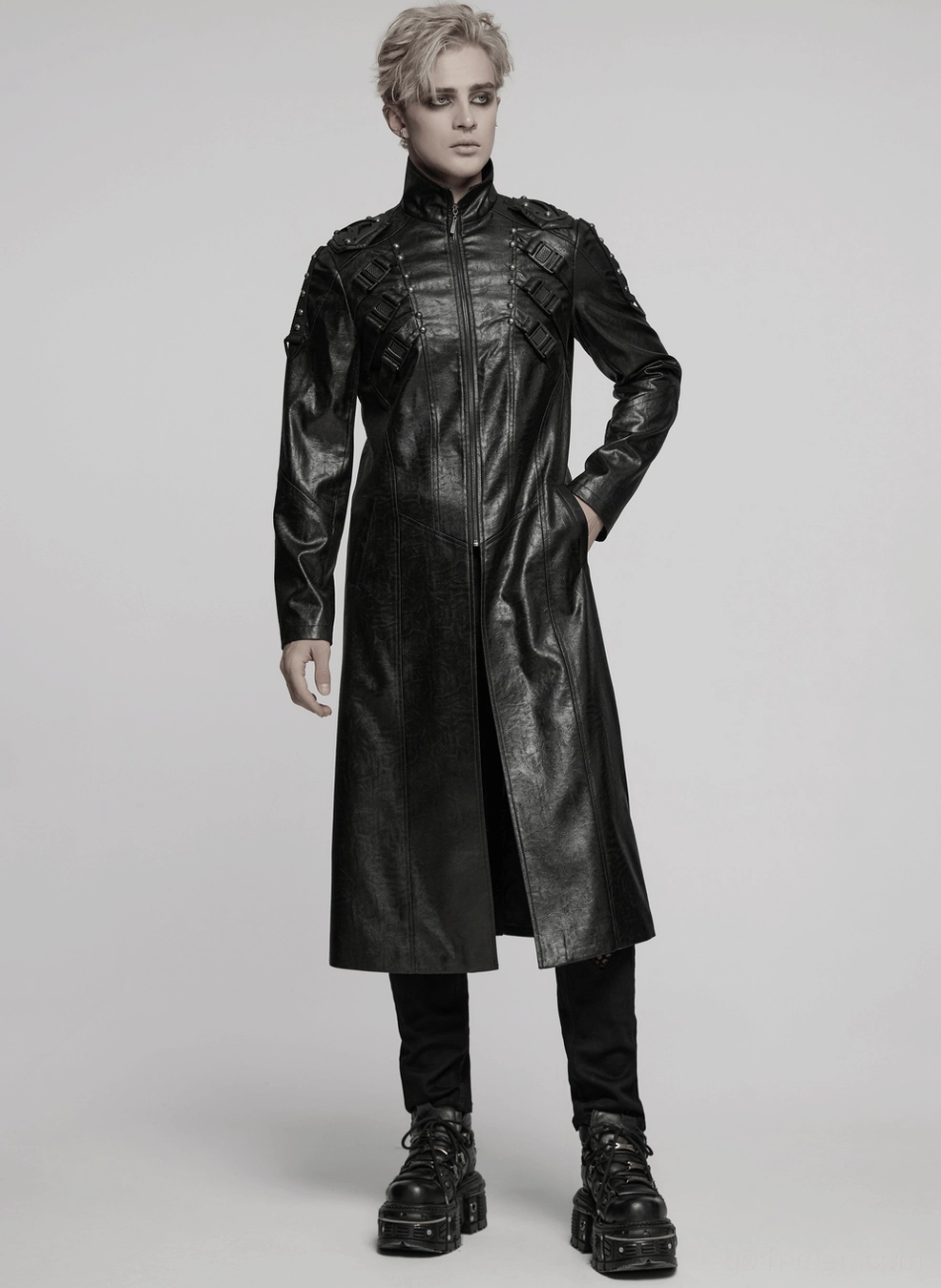 Men's gothic cyberpunk trench coat complete silhouette - black faux leather with tactical and studded accents